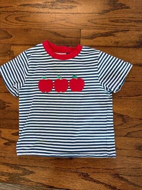 Navy & White Striped Kids Tee with Red Apple Accents